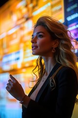 Young woman with long wavy hair and thoughtful expression looking at a large illuminated screen with multiple colorful digital panels