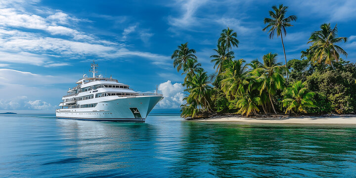 Ein gro&szlig;es, wei&szlig;es, sch&ouml;nes Kreuzfahrtschiff im tropischen Ozeanwasser neben einer idyllischen, sonnigen Insel mit Palmen. Reiseb&uuml;ro, Tourismus, Urlaubskonzepte