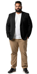 South Asian man, early 40s, plus-size, standing professionally in business casual, Isolated on transparent background. Perfect for diverse business, corporate, e-commerce, finance, advertising,