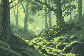 Fototapeta premium 18 dense lush forest, ancient trees, sunbeams shining through canopy, mossy ground, mystical atmosphere, fantasy landscape, detailed digital art