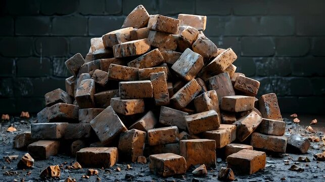 Photorealistic stack of bricks against a dark grey isolated background.