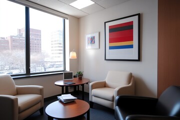 Fototapeta premium Bright waiting room interior with armchairs and city view