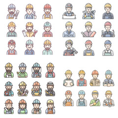 Cartoon vector characters of construction workers in uniform with tools and helmets. Suitable for safety content, job platforms, or builder-themed visuals.

