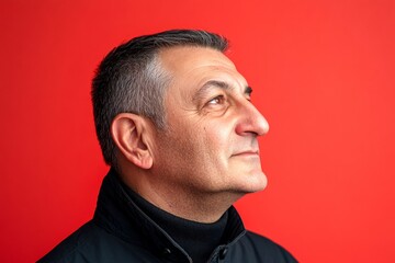 Obraz premium A dynamic male posing with grace and charm. Red solid background. Design idea of style for aging men. Chic men's crew cut haircut - midlife white man with black hair.