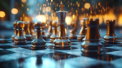 Close-up of a shiny metallic chess king surrounded by pawns and rooks on a reflective chessboard with warm glowing bokeh lights in the background, evoking focus and strategy