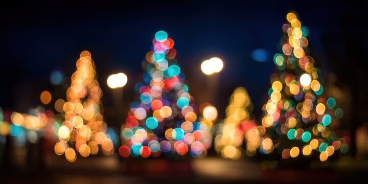 Blurred city street scene with a decorated Christmas tree lit up at night during winter holidays.