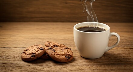Warm Coffee and Chocolate Chip Cookies on Rustic Wooden Table