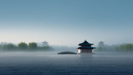 Fototapeta premium traditional Chinese buildings and square ground in the morning