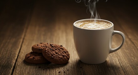 Warm Coffee with Chocolate Chip Cookies on Wooden Table