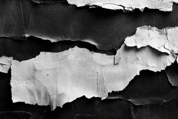 Close-up of peeling white paint revealing black surface underneath with rough texture and layered torn edges