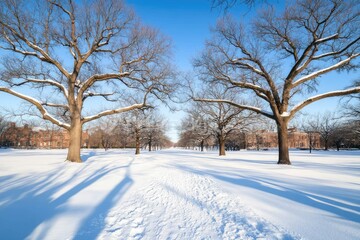 Snow covered field with trees and blue sky in winter landscape