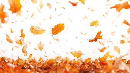 A flurry of orange and yellow autumn leaves falls against a bright white background, creating a vibrant and dynamic seasonal scene