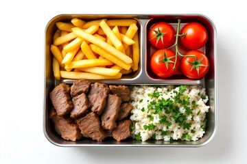 Healthy Lunch Box: Steak Bites, French Fries, Rice, and Cherry Tomatoes - Balanced Meal Prep for Kids and Adults - Food Photography