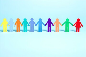 Colorful Paper Cutout People Holding Hands: Diversity, Inclusion, Unity, and Teamwork Concept on Light Blue Background Stock Photo