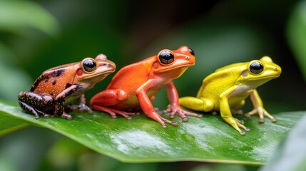 Naklejka premium Colorful trio of tropical frogs resting on lush green leaf in natural habitat