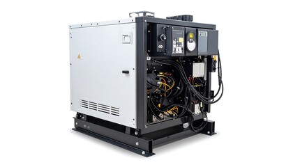 Industrial generator on a white background. Detailed view of machinery with electrical components and metal structure