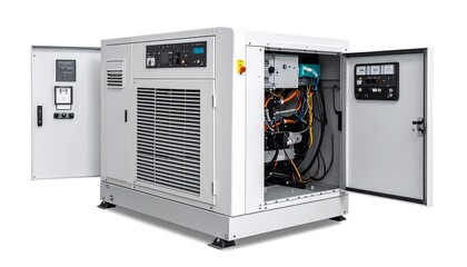 Fototapeta premium White industrial generator with open doors revealing interior components and control panels, shot against a white background
