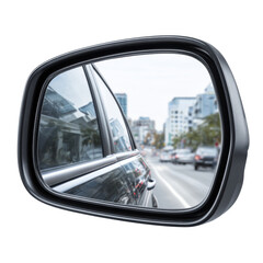 Reflections of City Life in a Side Mirror on a white background.
