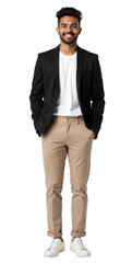 South Asian non-binary person, late 20s, confident smile in business casual. Full body studio portrait, sharp detail, professional lighting. Isolated on transparent background.