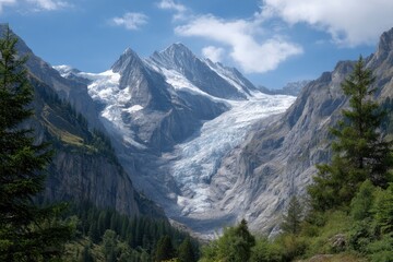 Fototapeta premium Glacier Flowing Through Mountain Valley Under a Cloudy Sky