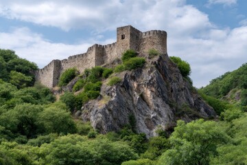 Fototapeta premium Castle Ruins Atop Rocky Hill Surrounded by Green Trees
