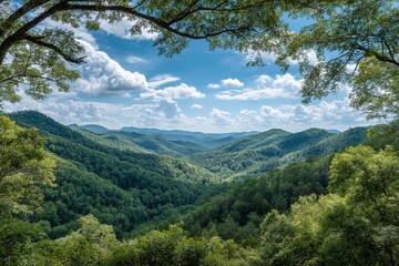 Fototapeta premium Explore the scenic mountain views: a lush green landscape under a cloudy blue sky for your next adventure