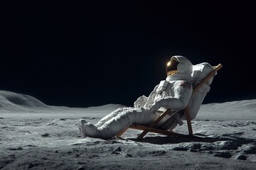 Astronaut relaxing on the moon surface in a beach chair space travel and exploration concept image stock photo