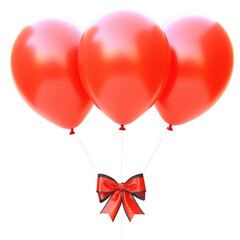 Three bright red balloons tied together with a decorative red ribbon bow floating against a white background perfect for celebration or festive event themes