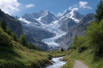 Glacier Stream Flowing Through Mountain Valley
