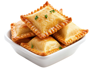 Square toasted ravioli garnished with herbs are neatly stacked in a small white bowl on a white surface.