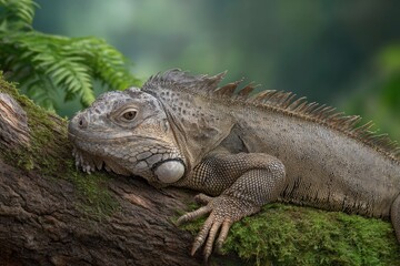 Obraz premium Iguana Resting on Mossy Branch in Tropical Setting