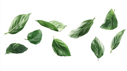Floating basil leaves against a white backdrop.  A vibrant, fresh, and clean image showcasing the herb's lush green color and delicate texture