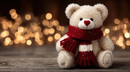 Fototapeta premium Brown teddy bear with beige scarf sits on white background, cozy plush toy, winter accessory, isolated object.