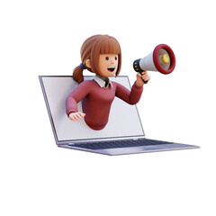 3D girl character jumping out from computer with a megaphone