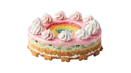 A colorful rainbow cake is topped with pastel pink frosting and decorative meue swirls on a white surface.