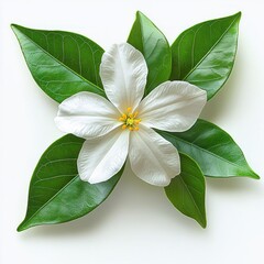 Obraz premium White flower with six delicate petals surrounded by six dark green, veined leaves arranged symmetrically on a white background