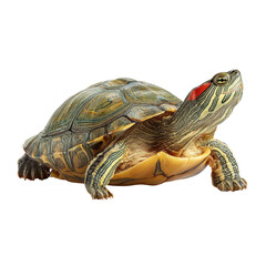 Obraz premium Vibrant Red-Eared Slider Turtle in Detail on a white background.