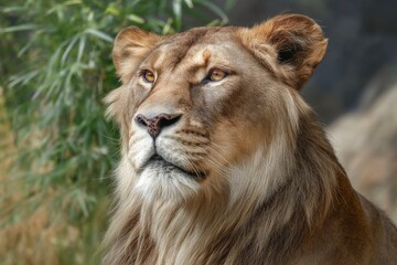 Fototapeta premium Lion Looking Upward with a Serious Expression Portrait
