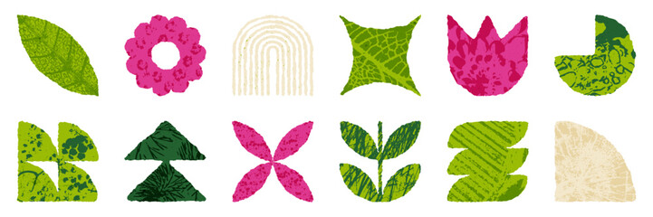 Brutalist geometric eco shapes set with organic overlay texture. Brutal contemporary figure. Vector rewilding design element rewilding aesthetic.