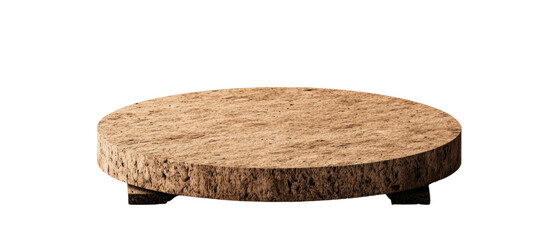 Isolated circular cork display stand with dark support feet against a plain white studio background setup now.