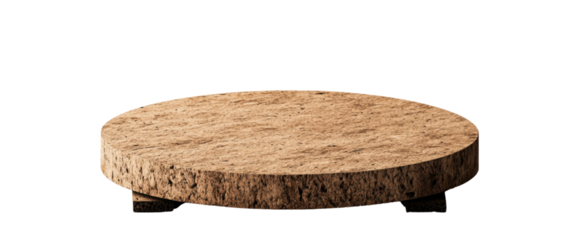 Isolated circular cork display stand with dark support feet against a plain white studio background setup now.
