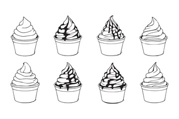 Creamy Vanilla Soft Serve Ice Cream with Strawberry Topping in a Cup line art 