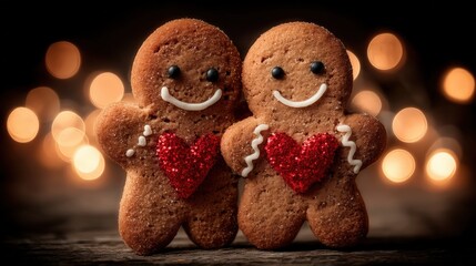 Two gingerbread cookies with heart-shaped icing placed on a wooden table surface.