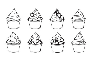Creamy Vanilla Soft Serve Ice Cream with Strawberry Topping in a Cup line art 