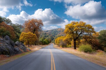 Driving on Road Through Fall Foliage with Cloudy Sky