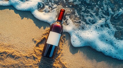 Beach Wine Bottle, Wave, Sand, Sunset, Mockup, Summer, Vacation, Romance, Advertising