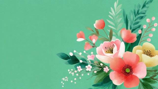 Delicate floral arrangement in soft pinks and peaches on a mint green background