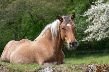 Fototapeta premium Horse Resting in Green Pasture with Blooming Trees