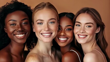 A diverse group of women of different ethnicities posing happily, wearing makeup against a warm brown studio background. This video represents beauty, diversity, and inclusivity.