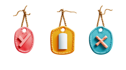 Three colorful handcrafted labels show yes, no, and maybe options hanging against a clean white background.